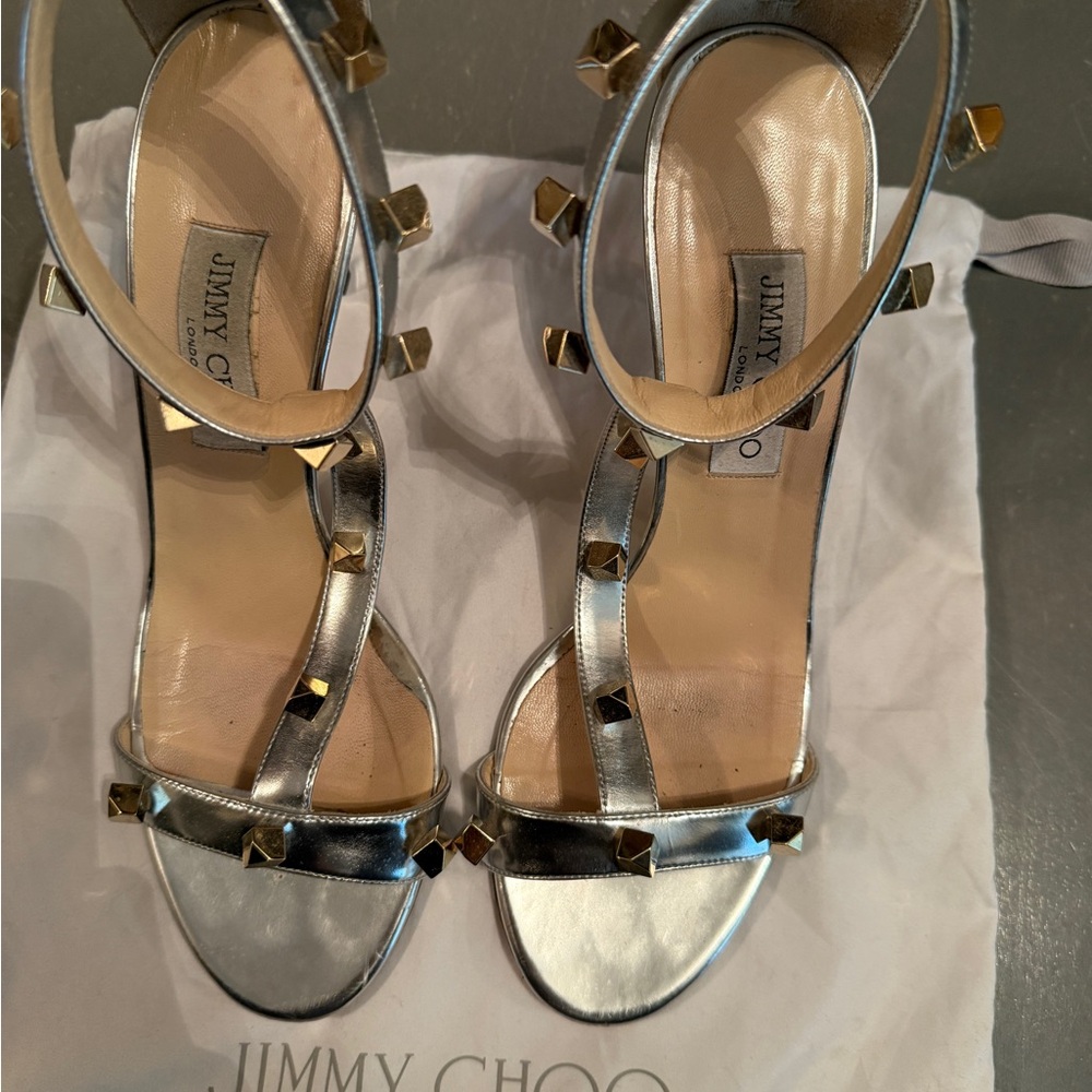 Jimmy Choo Metallic Silver Studded T-Strap Pumps